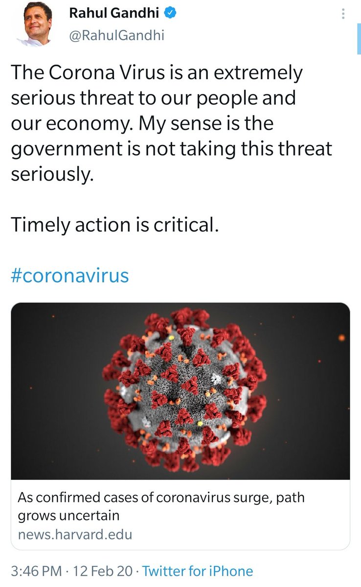 He had figured out the dangers of the virus back on 12th Feb 2020. While the govt was busy planning campaign for PM of another country with Namaste Trump preps with massive gatherings and while living in denial.  @RahulGandhi would've started taking preventive action in time.