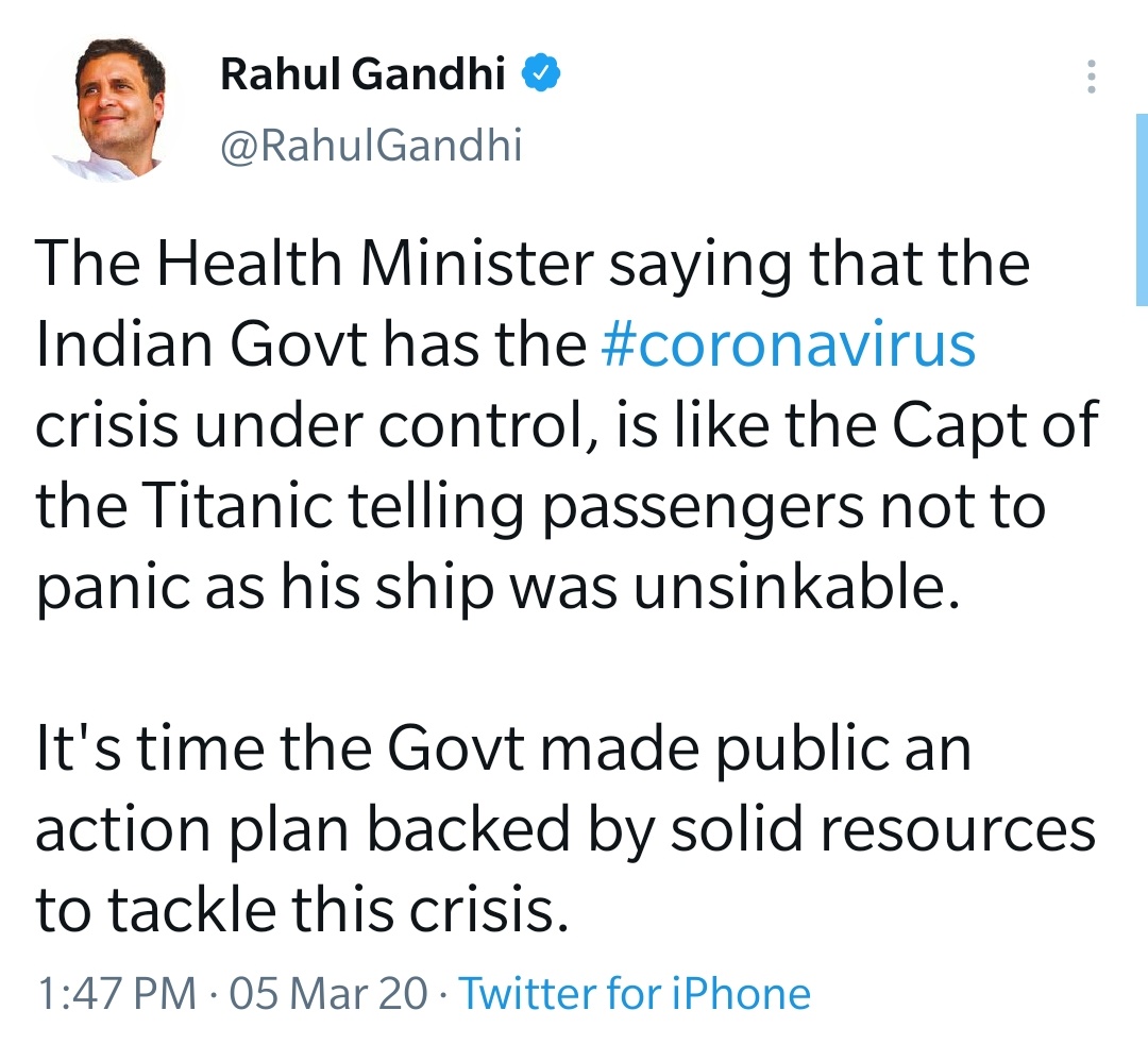While the GoI was living in denial about the virus and fooling the people of India, had  @RahulGandhi been PM he would've been honest to the Indian people and taking action to ensure preventive measures and stop the virus from spreading within time.