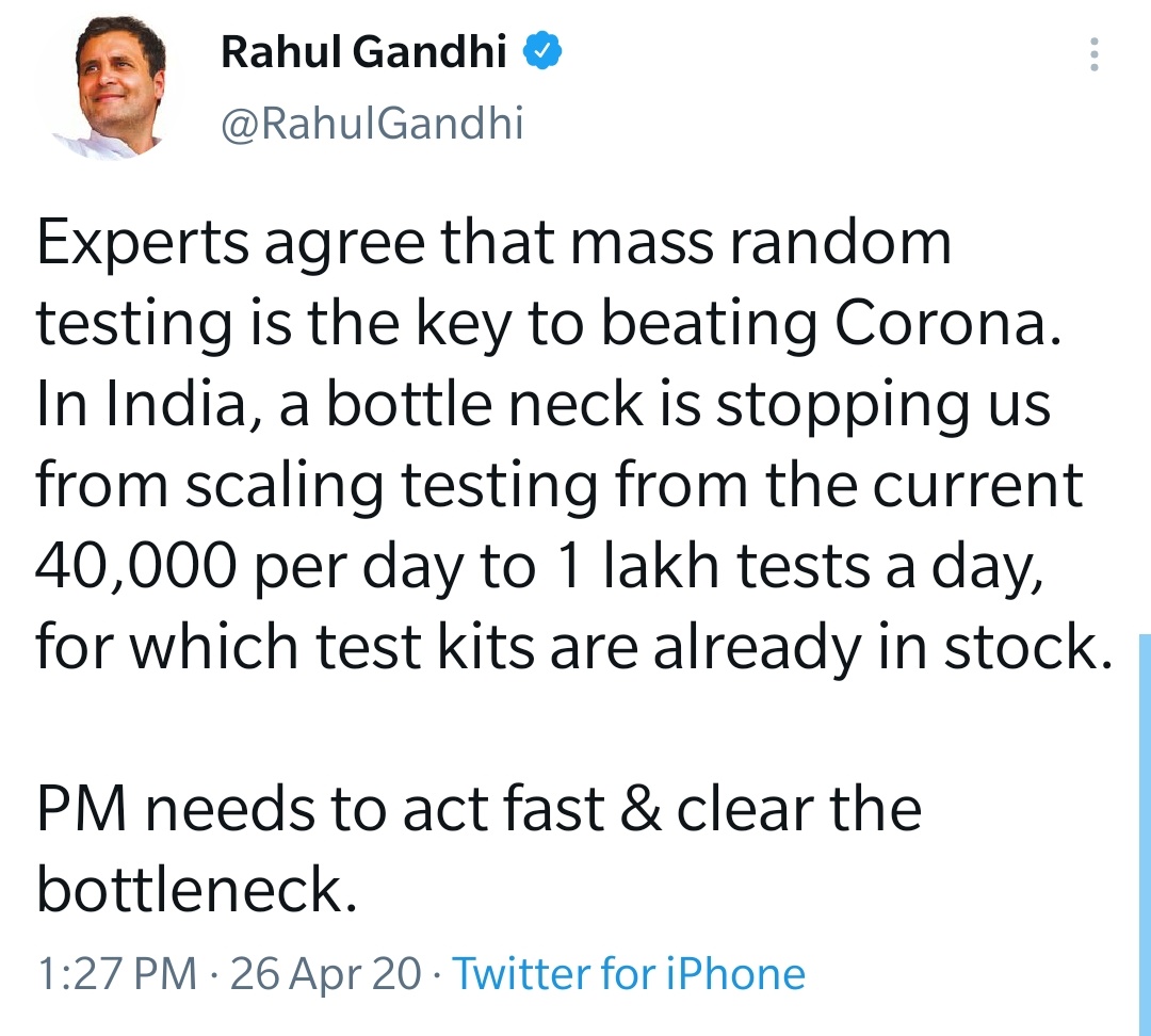 With  @RahulGandhi as PM, we would have mass random testing to control the spread.