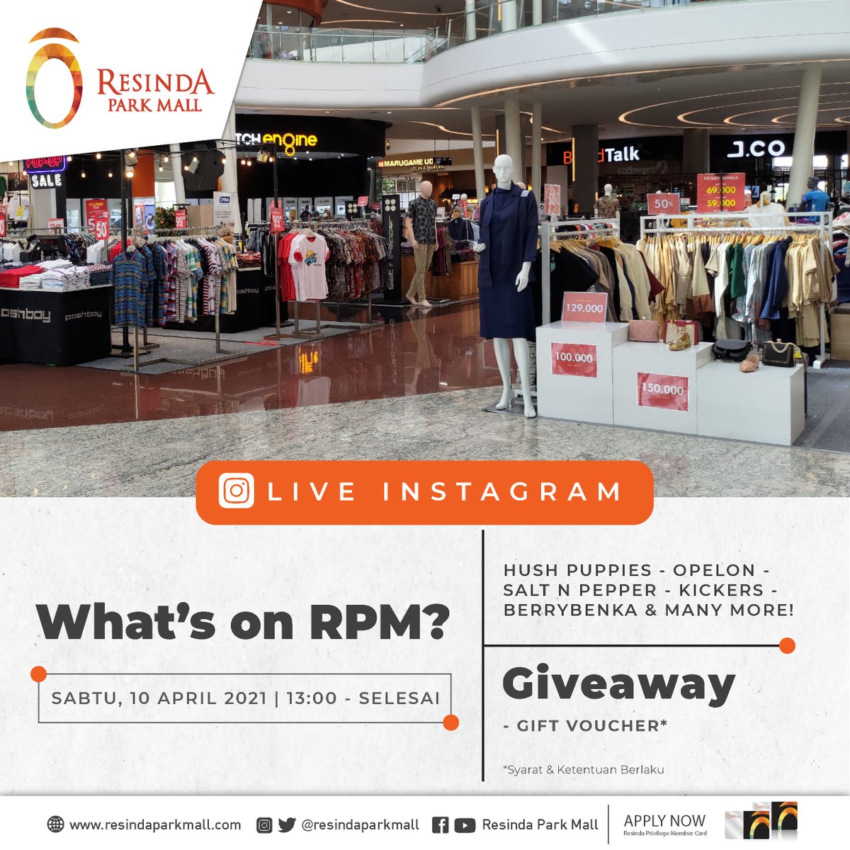 resindaparkmall's tweet photo. What's on RPM??
Saksikan live instagram Resinda Park Mall untuk seputar promo yang sedang berlangsung

Ada diskon gede-gedean loh dari @HushPuppiesID @saltnpepper_ID , @Berrybenka , Opelon, Kickers &amp; masih banyak lagi!

Stay tune at https://t.co/bR7vfBtKU5

#resindaparkmall https://t.co/OyhD6BfXLt