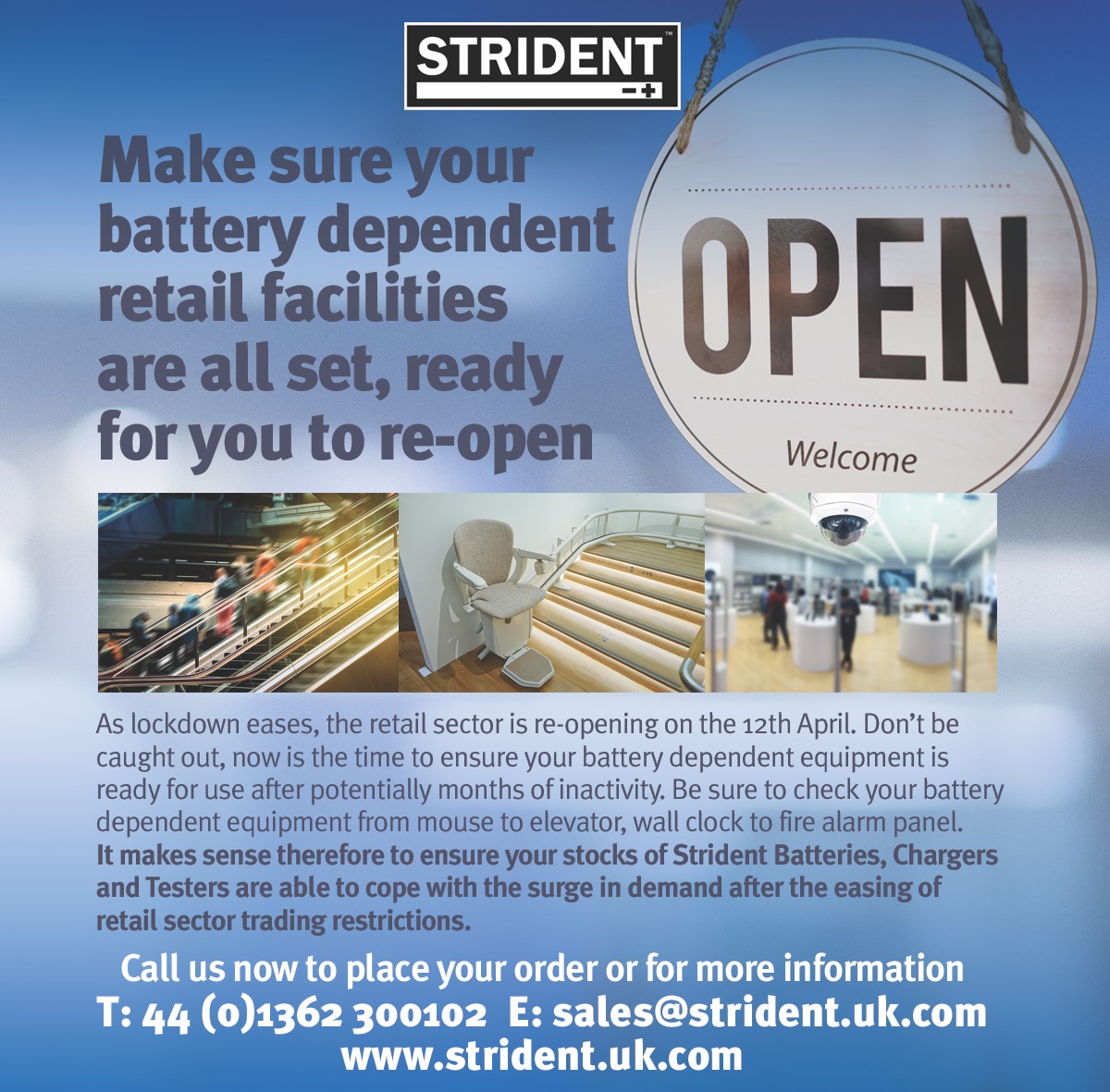 Strident_Power's tweet image. As lockdown eases, the retail sector is reopening on 12th April! Make sure your battery dependent retail facilities are all set, ready for you to reopen. 

Call us now to place your order or for more information: 01362300102 or email sales@strident.uk.com