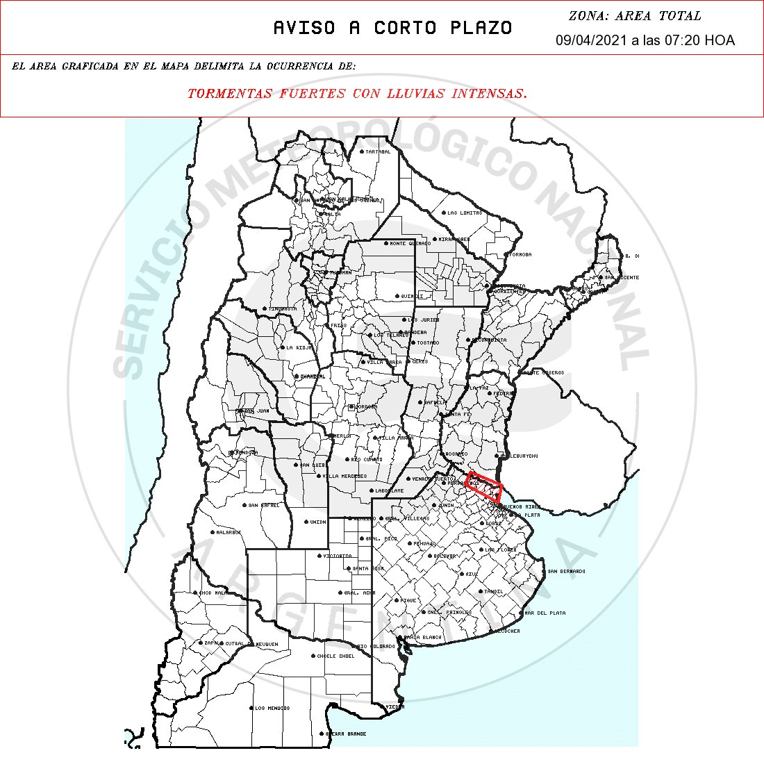 SMN_Alertas's tweet image. Aviso a muy Corto Plazo 2021-04-09 07:20:00 
Validez : tres horas desde su emisión
TORMENTAS FUERTES CON LLUVIAS INTENSAS.