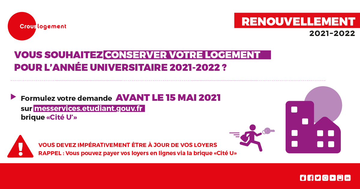 📢 Vous souhaitez conserver le logement <a href="/crousmontpel/">Crous de Montpellier-Occitanie</a>  que vous occupez actuellement ? 
Jusqu'au 15 mai pour procéder à votre renouvellement en vous connectant à votre compte sur 👉messervices.etudiant.gouv.fr rubrique Gérer son logement « Cité’U »