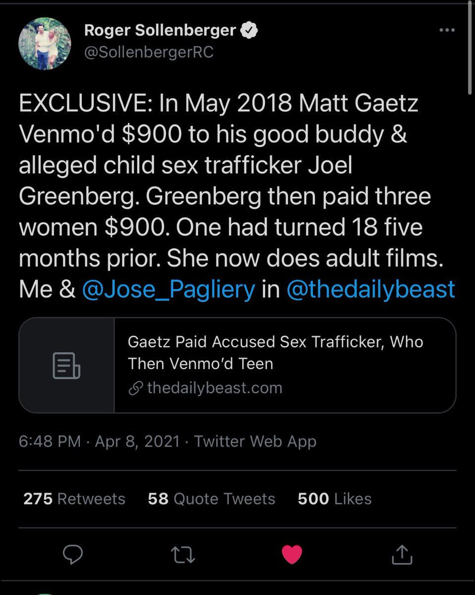 “One had turned 18 five months prior” So, adults. Greenberg sent money to adults. Using a common app that people use to send money. Why are people acting like this is some sort of sex trafficking smoking gun?