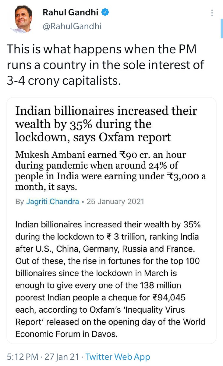 If  @RahulGandhi was PM, he wouldn't let 3-4 crony capitalists run the country. The people of this country will rule. There would be fair distribution of wealth.