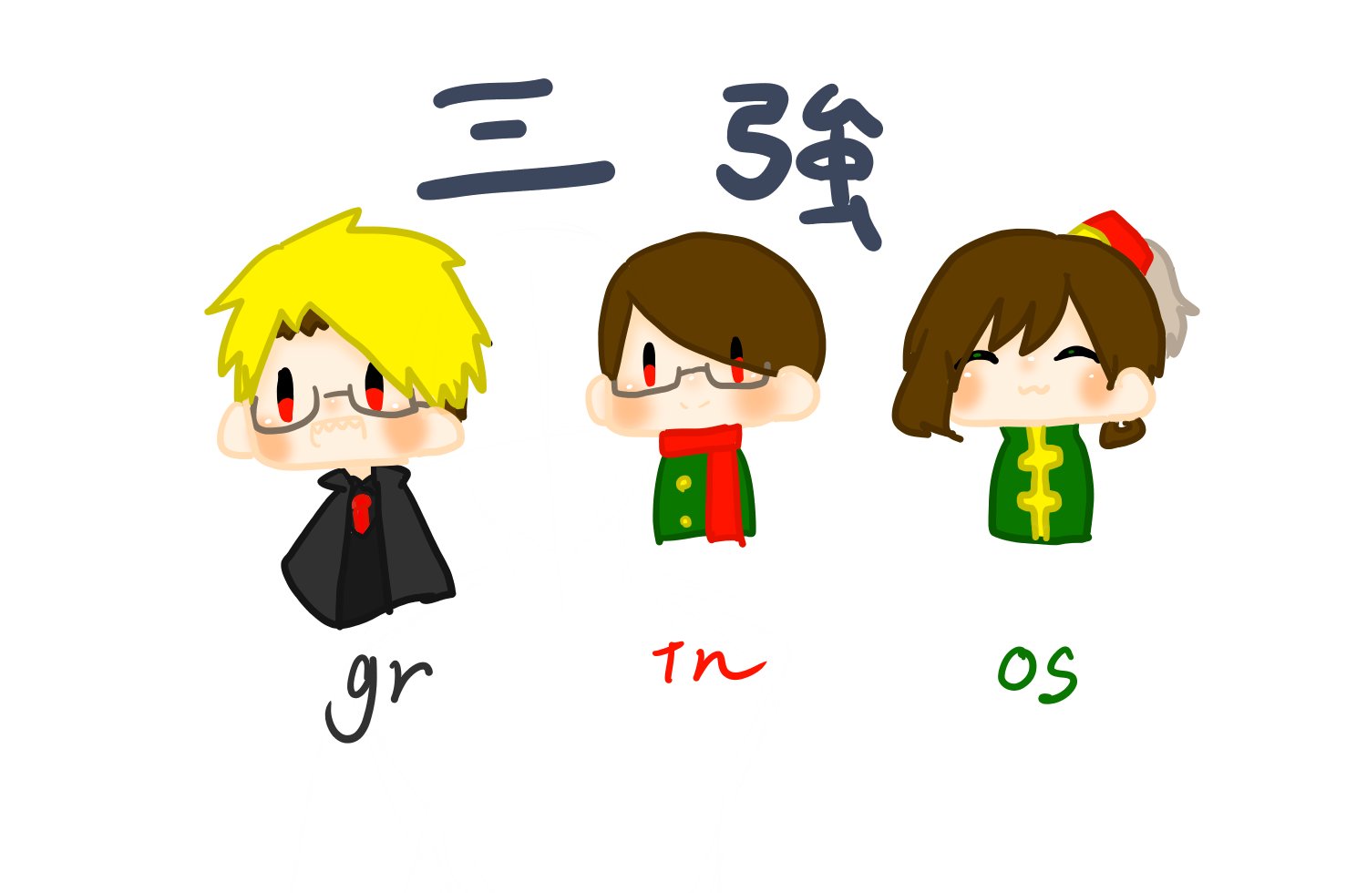 ゆーむあ グルッペンさんとトントンさんとオスマンさん の三強をミニキャラっぽく描いたゾ グルッペンさんの髪が暴発してまったw グルッペン トントン オスマン 三強 我々だ Gr Tn Os Wrwrd イラスト デジタル タグ沢山 T Co