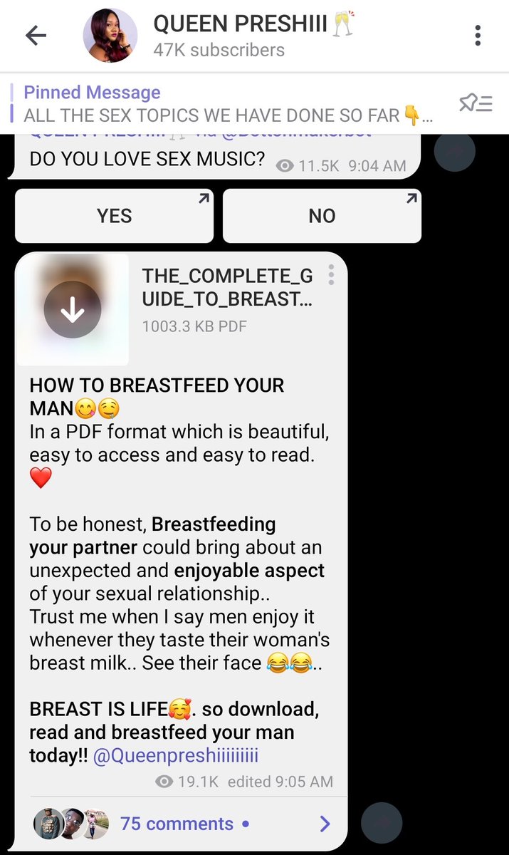 Ladies in the house join my channel and read this topic on "HOW TO BREASTFEED YOUR MAN" and also read the complete guild on "HOW TO SUCK BREAST"Join here   https://t.me/joinchat/Vg2Lma9eDcL9_CYRAnd here  https://t.me/joinchat/0WLE4T6XcBEzZTM8BREAST IS LIFE