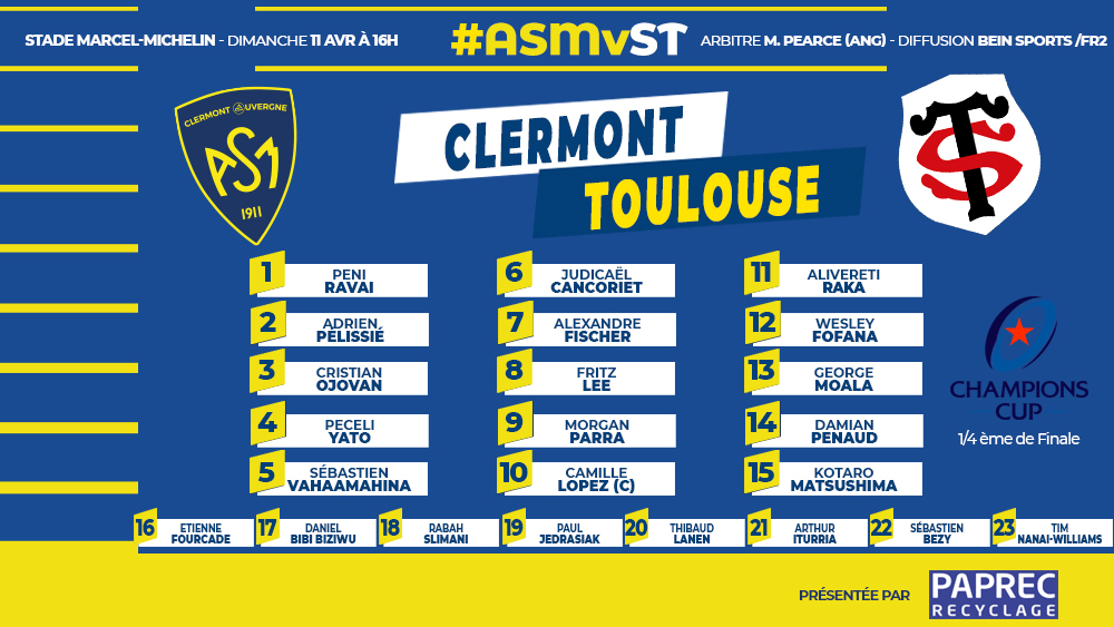 ASMOfficiel's tweet photo. #CompoASM Avec un attelage @SebVahaa – Peceli Yato et @MorganParraOff à la mêlée pour le 1/4 de finale de @ChampionsCup_FR face au @StadeToulousain
Retour à la compétition d' @ArthurIturria 💪
#YellowArmy #ASMST
Lire l'article complet 👉 https://t.co/QoWoIgPFhT https://t.co/zYTK4dsd7F
