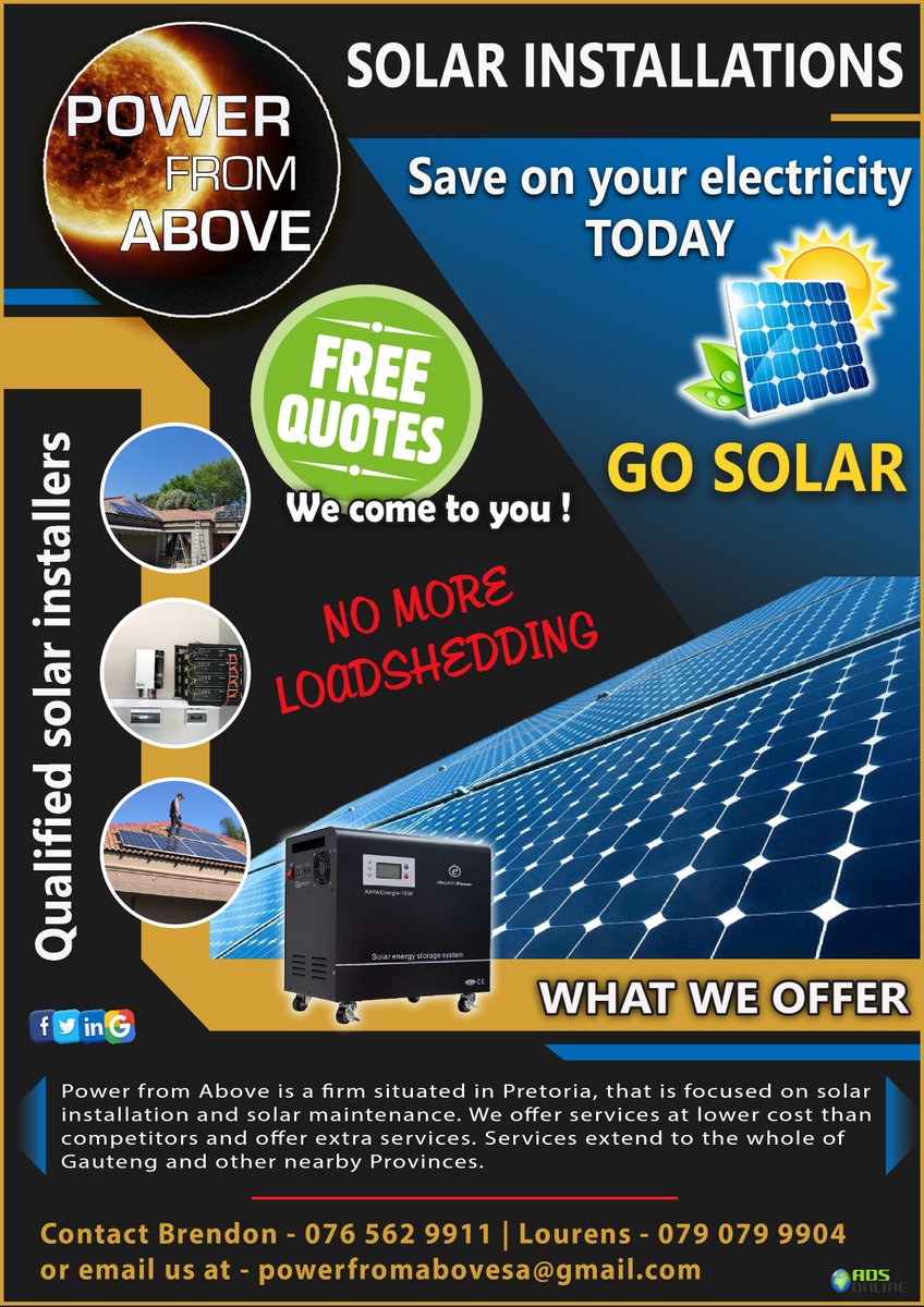 ADSONLINE123's tweet photo. POWER FROM ABOVE β SOLAR INSTALLATIONS | Pretoria, Gauteng, North West, Mpumalanga
Phone: Brendon - 076 562 9911 | Lourens - 079 079 9904
Email address: powerfromabovesa@gmail.com
Please like and share
#SolarInstallations
#SolarEnergyService https://t.co/ulw5P7Zp81