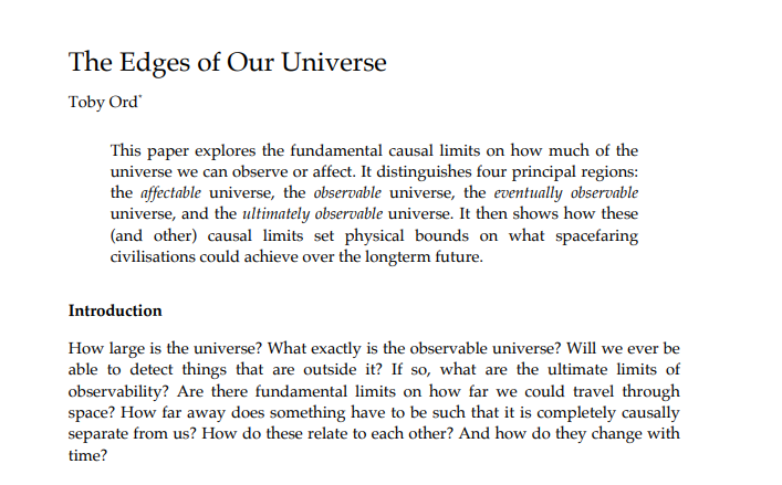 What are the fundamental causal limits on how much of the universe we can observe or affect? @tobyordoxford recently published The Edges of Our Universe. Paper here: arxiv.org/abs/2104.01191