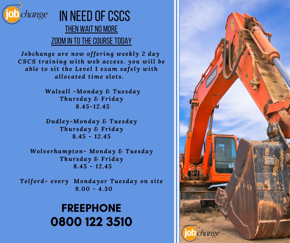 Are you in need of a 5 year CSCS card, then dont delay call Jobchange today on FREEPHONE 0800 122 3510