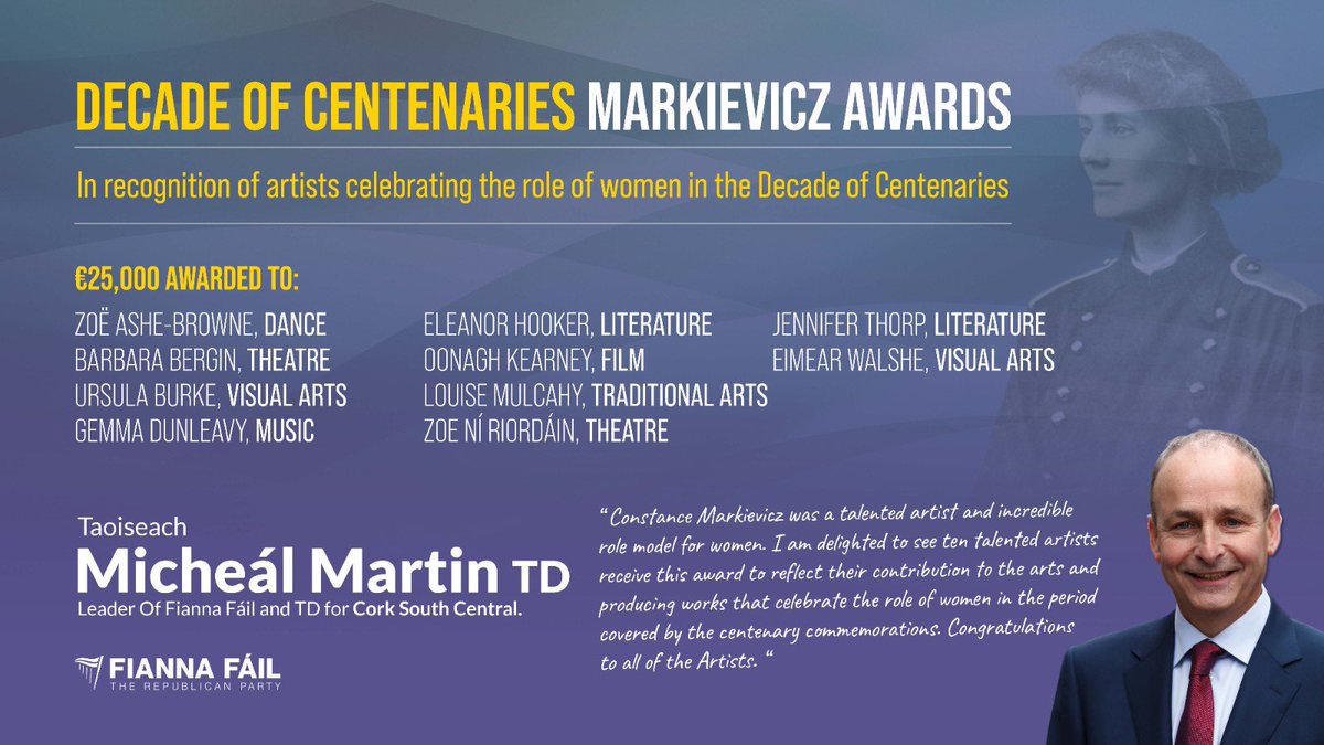 Congratulations to the ten winners of Markievicz Awards today – all talented artists producing work that reflects and celebrates the role of women in Irish life. https://t.co/ci1Ka0OUJr