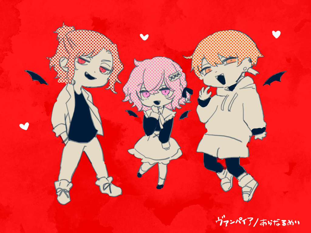 1girl multiple boys 2boys wings hoodie pink hair chibi  illustration images