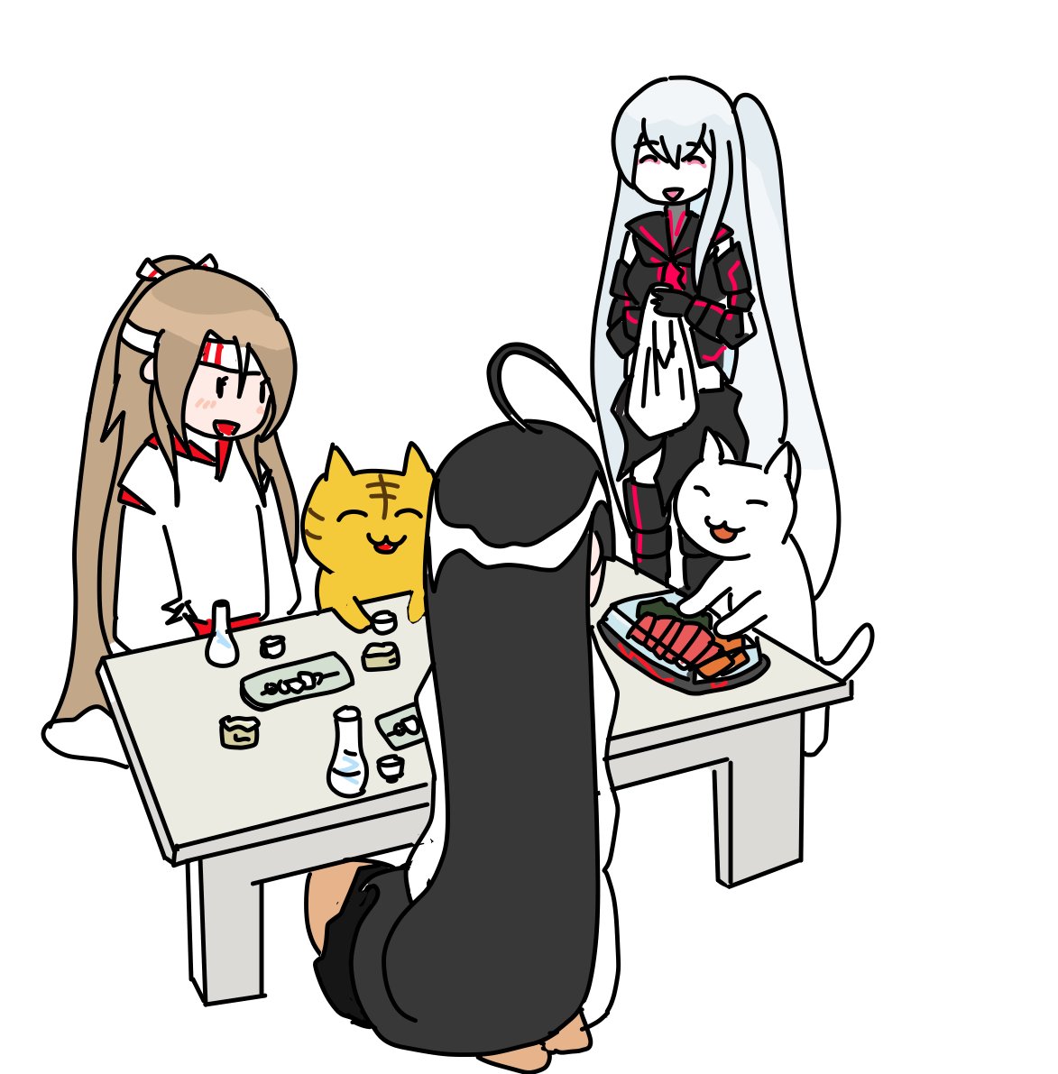 shouhou (kancolle) ,zuihou (kancolle) multiple girls cat long hair 3girls black hair ahoge headband  illustration images