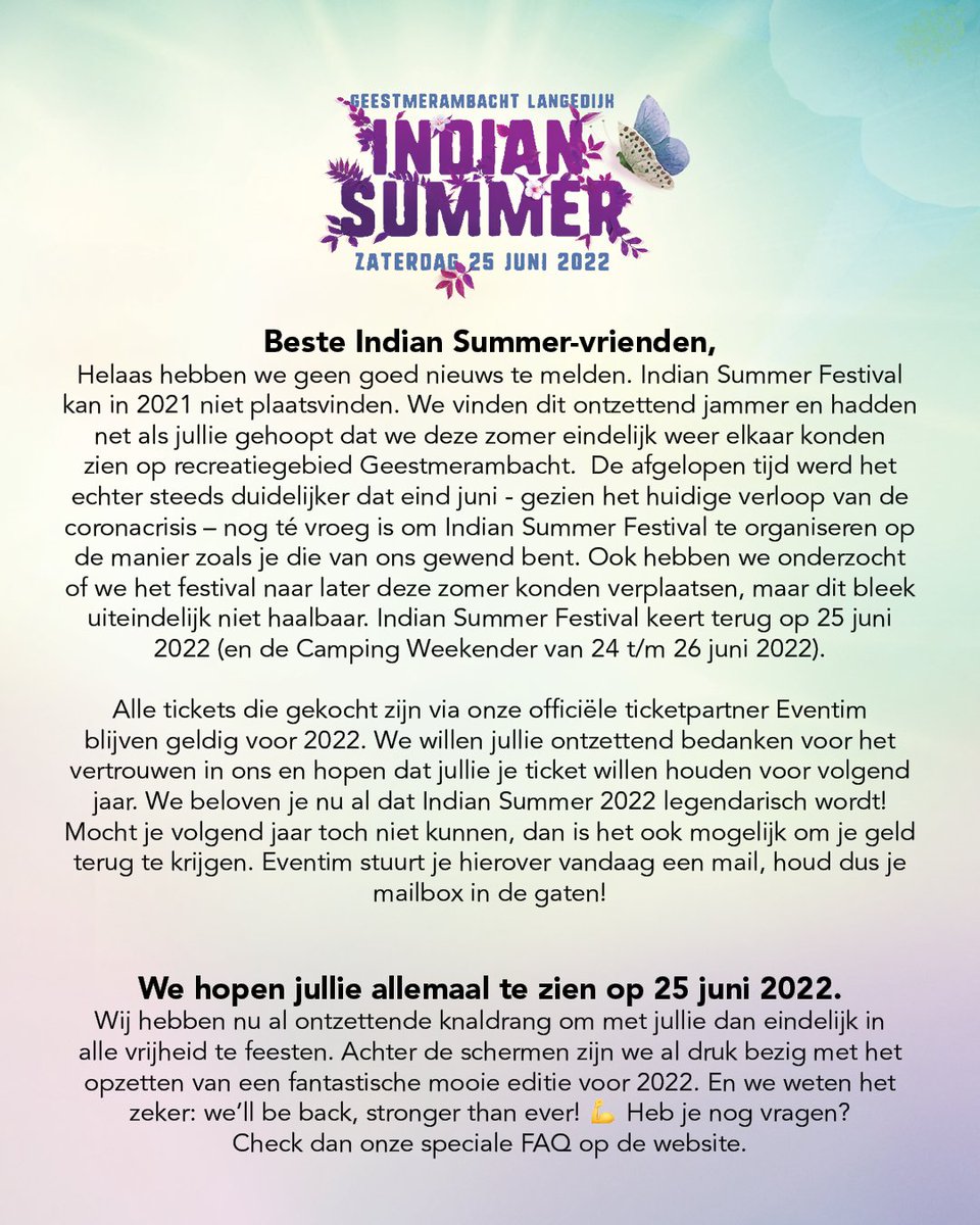 IndianSummerNL's tweet photo. We hebben geen goed nieuws: Indian Summer Festival gaat niet door in 2021😢. Alle tickets die zijn gekocht via Eventim blijven geldig voor de nieuwe editie. Je ontvangt vandaag een mail van Eventim met je ticketopties. Heb je nog vragen? check de FAQ: https://t.co/4PGzqVF8TZ https://t.co/LkWJmK1824