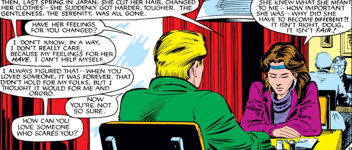 ...Kitty's age, and it's great to see her begin to build a group of peers her age despite her preference toward the older X-Men.Claremont builds a natural openness and vulnerability between the two- and addresses the emotional confusion building inside Kitty because of it.