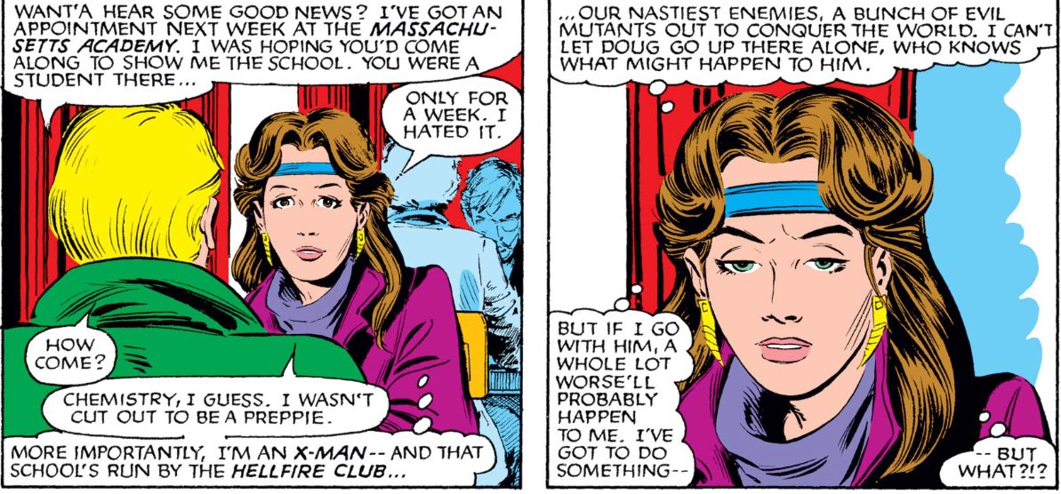 ...Kitty's age, and it's great to see her begin to build a group of peers her age despite her preference toward the older X-Men.Claremont builds a natural openness and vulnerability between the two- and addresses the emotional confusion building inside Kitty because of it.