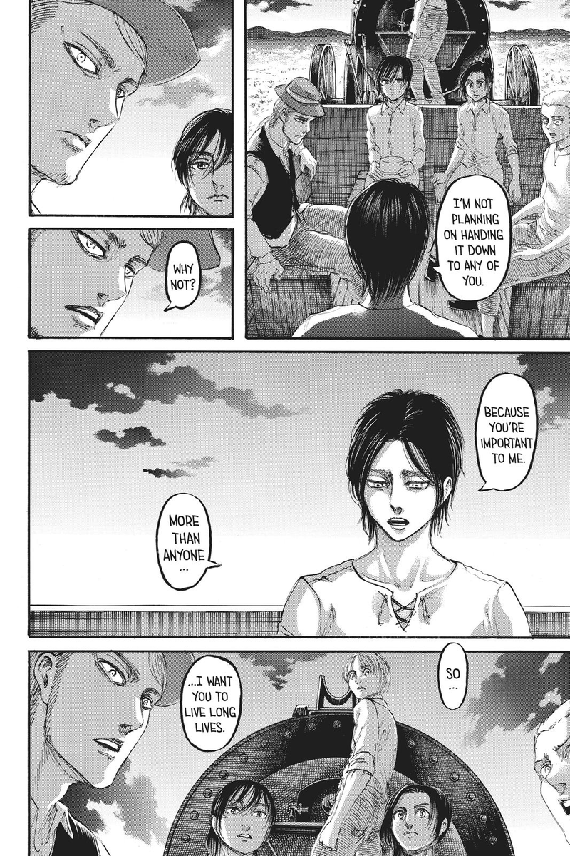 I also don't think it has to be so out of character. Eren has a wide variety of motivations and development over time, and one that this fulfills is of course the idea of ensuring the future of those he cares about, as well as "discard your humanity to overcome".