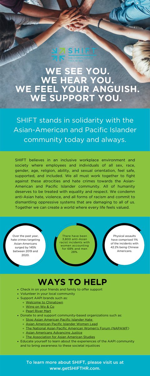 GetSHIFTHR's tweet photo. We stand in Solidarity with the Asian-American and Pacific Islander Community today and always. Together we must #StopAsianHate.
#AAPI #asianamerican #asianlivesmatter #justiceforall #SHIFTHR #inclusion #diversity #equity #training #workplaceinclusion #workplacediversity https://t.co/JgsFZ5ZL6l