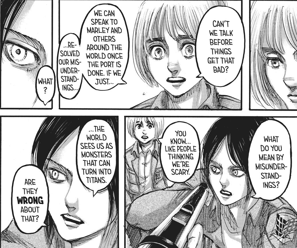 It's established that the reason for the world's hatred of Eldians is really another form of the fear of titans, & they saw eradicating Paradis as the only way to wipe titans from the world but in this ending Eren found another way to erase the power of the titans from the world.
