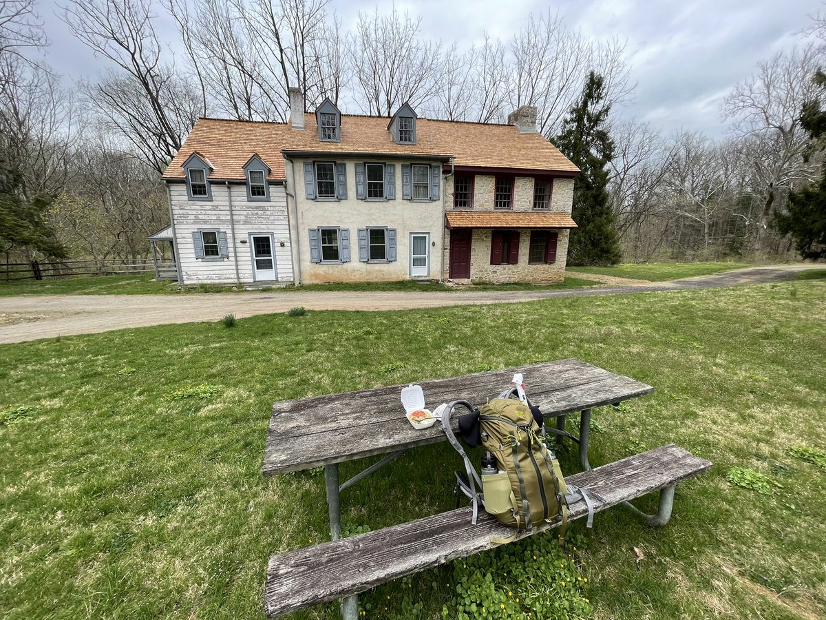 Eating last night’s leftovers in front of the bizarre Lafayette’s Quarters with the Pennsylvania Turnpike right at my back. Planning to fish Valley Creek that runs through Valley Forge. 1777 meets I-76.