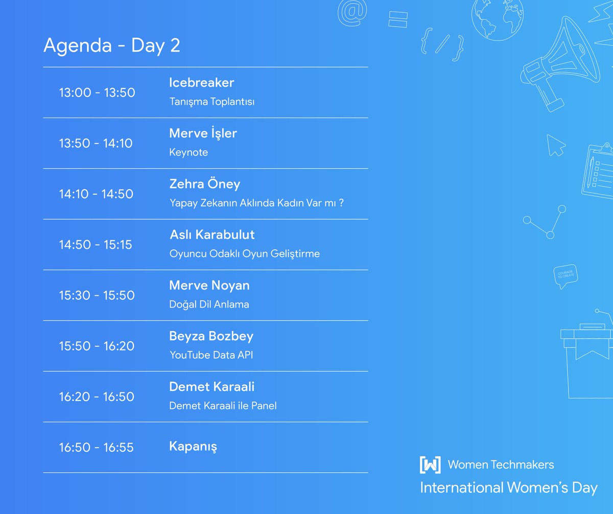 #IWDTurkey2021 etkinliğimizin birbirinden değerli konuşmacıları ve canlı yayın akışı💜

🌸Etkinlik öncesi düzenleyeceğimiz IceBreaker toplantısına katılmayı unutmayın!

bit.ly/IWDTurkeyDay1

bit.ly/IWDTurkeyDay2