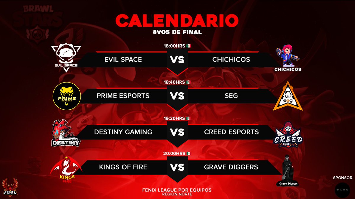 #BS | Fenix League #10

Iniciamos con los playoffs en NA donde se realizaran los 8vos de final el día de hoy:

<a href="/EvilSpace4/">Evil Space</a> 🆚 @Chichicos_BS 

<a href="/primeesportsinc/">𝗣𝗥𝗜𝗠𝗘єꌚקѳг𝘁š</a> 🆚 @Seg_BS

@DestinyGamingCo 🆚 <a href="/Cree_cub/">LEGENDARY TEAM⚡</a> 

<a href="/KingsOfFireMx/">Kings of Fire 🐉</a> 🆚 <a href="/GraveDiggersBs/">Grave Diggers</a>

🎙️ @JulioMat__ 
📺 twitch.tv/juliomat__