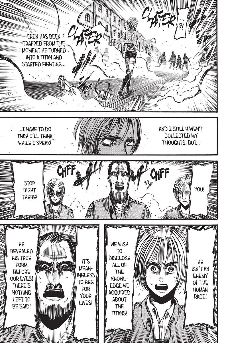 But even after erasing the power of the titans they don't just hug it out immediately and end up in one more confrontation with Secretary Muller, and this scene actually parallels the scene with Captain Felman in chapter 11, when Armin convinced them Eren wasn't an enemy.