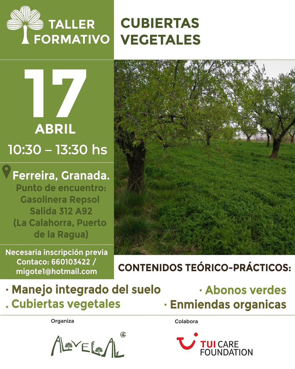 AlVelAl_4R's tweet image. Pocas plazas para el Taller de Cubiertas Vegetales del 17/04. Os recordamos que tenemos que limitar el aforo por la situación de pandemia, no te lo pienses mucho y pierdas la oportunidad. Manejo integral del suelo, abonos verdes, enmiendas orgánicas y cubierta vegetal. ¡Apúntate!