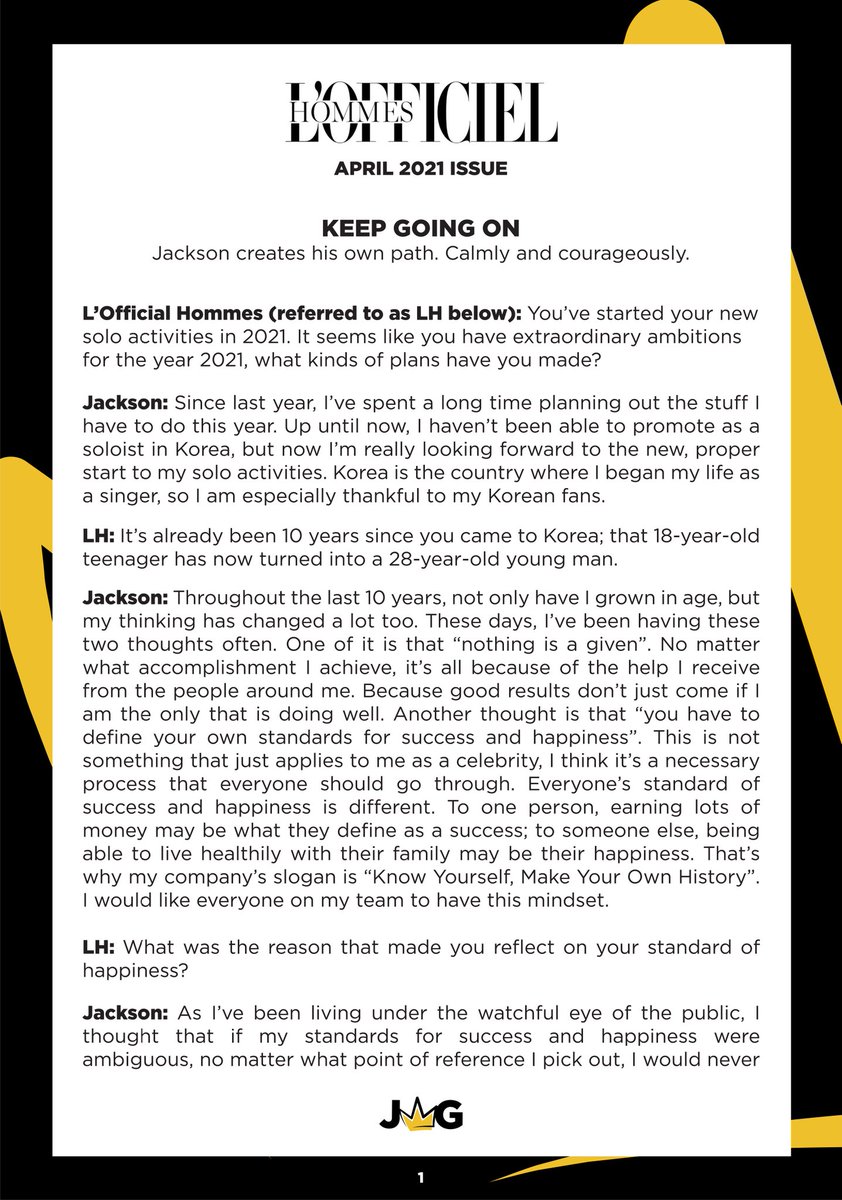 Jackson Wang Global Interview 21 L Officiel Hommes Korea S S Jwgtrans 1 2 Jacksonwang You Have To Define Your Own Standards For Success And Happiness Everyone S Standard Of Success And Happiness Is