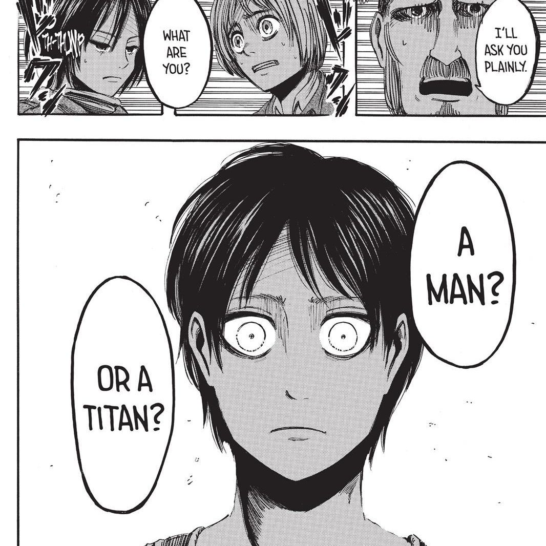 Even the line "Are you human or are you titan?" is a callback, just a nice detail but of course Isayama would do any callback imaginable I don't wanna just use that as justification for everything alone.