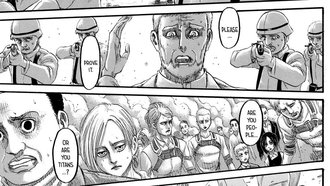 Even the line "Are you human or are you titan?" is a callback, just a nice detail but of course Isayama would do any callback imaginable I don't wanna just use that as justification for everything alone.