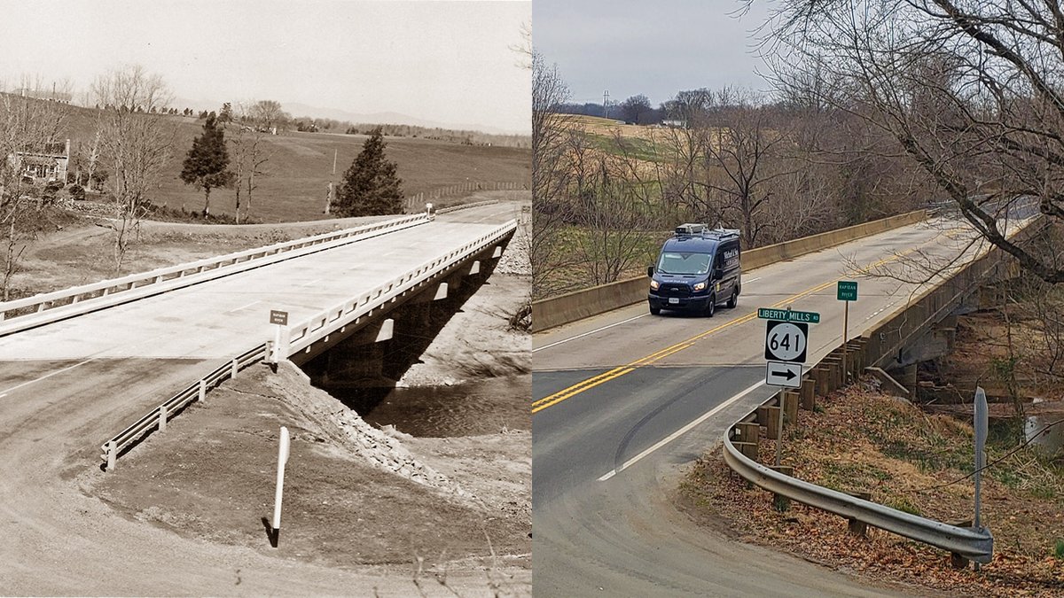 VaDOT's tweet photo. In 1963, Rt 231 was realigned over the #RapidanRiver. This April 1964 photo shows the new bridge that helped eliminate a cumbersome curve at Liberty Mills. Reconstructed in 1994, the bridge now carries about 1,400 vehicles daily between #MadisonCountyVa and #OrangeCountyVa. #FBF https://t.co/ubN3kiONaA