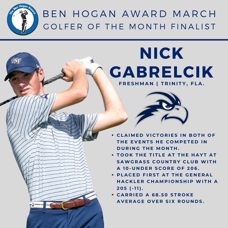 BenHoganAward's tweet photo. Vote for @nickgabrelcik63 of @OspreyMGolf for Ben Hogan Award March Golfer of the Month honors! Like this post, as well as the official Hogan Award posts on Instagram and Facebook. The top vote getter on each social media channel will receive a committee vote. https://t.co/IE4JoSfsgQ