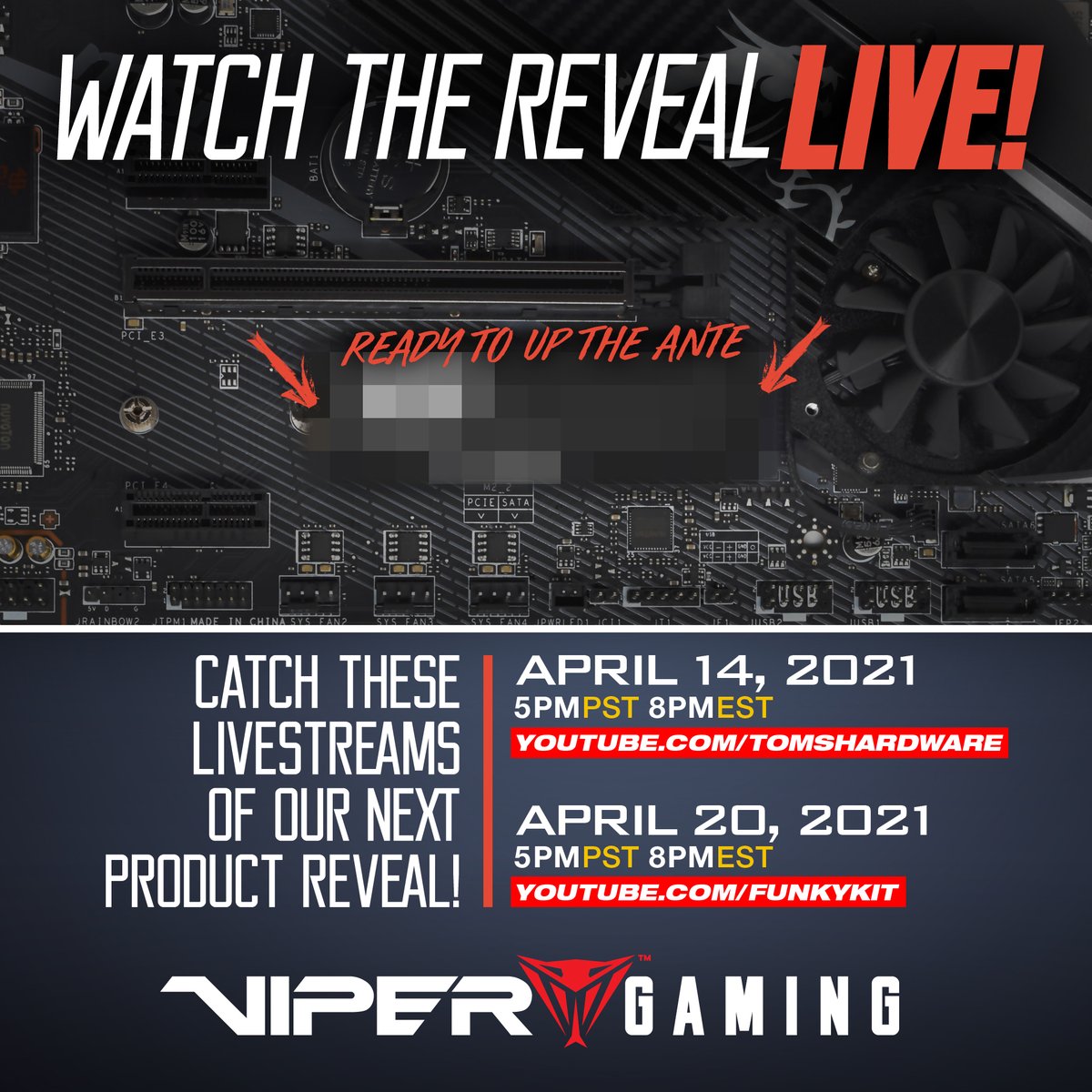 patriot_viper's tweet image. Mark your calendars! We&apos;re partnering with @toms.hardware and @funky.kit for a live stream revealing our upcoming tech addition, along with a giveaway!

#PC
#PCEnthusiast
#Tech
#Technology
#Electronics
#eSports
#Gaming #YouTube