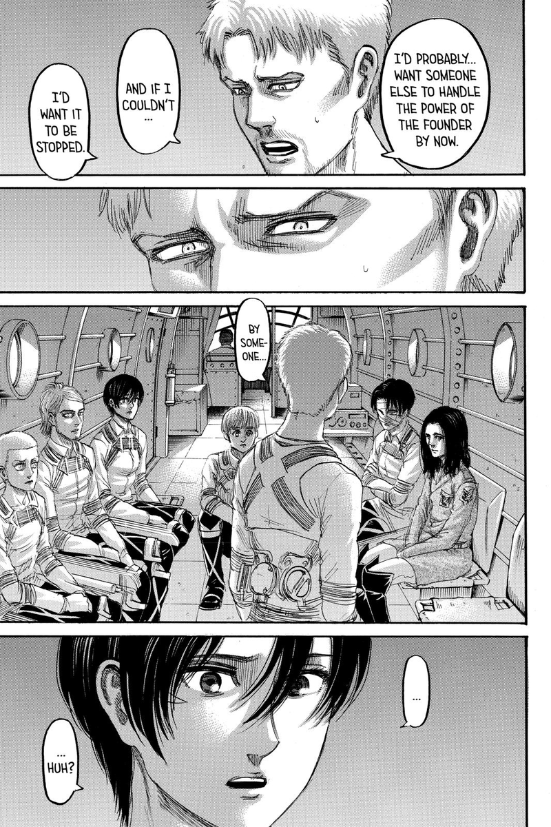 The idea that Eren wanted someone to stop him was also brought up in the story and was one of the main theories for the last couple years so my reaction was a little like "Oh, so it did turn out like that after all" I wasn't really shocked because it was always on the table.
