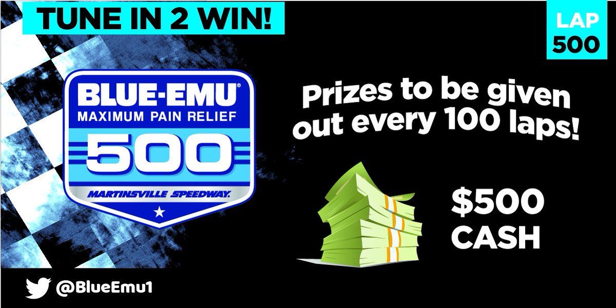 🚨#BlueEmu500 Giveaways🚨

During our FAV race on the NASCAR Cup Series circuit, we're giving away STUFF every 100 laps.

At lap 500 we're giving away $500 CASH!

Want to win?

❤️+💬+🔃 = entry to win

Winners must be 18+, and U.S. residents.

#Martinsville