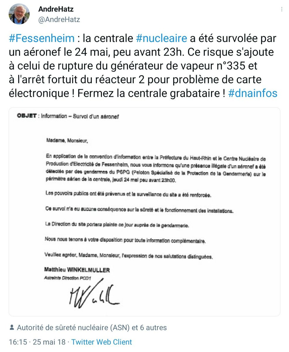 43 Il n’est pas interdit de penser que des incidents impliquant ces aéronefs non identifiés se produisent encore au-dessus de nos installations nucléaires mais que le personnel a ordre de ne + en parler. Ce tweet de ce militant anti-nucléaire tenderait à nous le faire penser