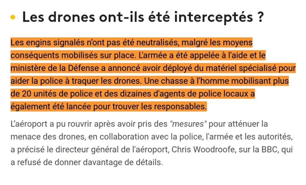 45 Angleterre - 19 au 21/12/2018Deux drones ont semé une pagaille sans nom à l’aéroport de Gatwick. Les ovnis ont ėté aperçus par un agent de sécurité, des policiers. L’armée a été mobilisée, en vain encore une fois. Le mystère reste entier. https://www.francetvinfo.fr/internet/drones/drones-a-l-aeroport-de-londres-gatwick-le-mystere-reste-entier_3115135.html