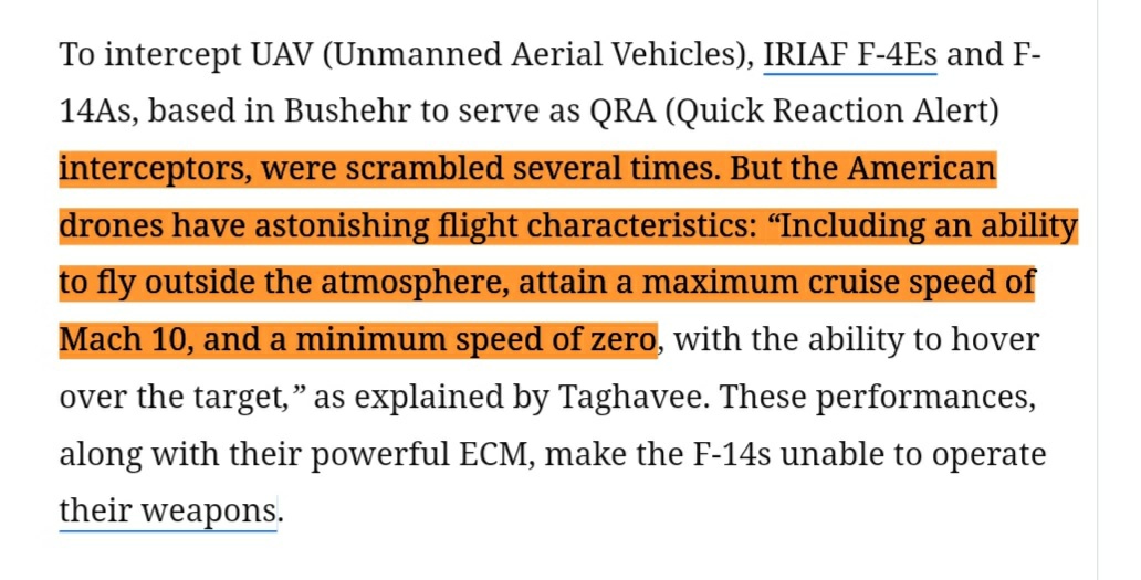 49 Ces F14 rencontrèrent ce qu’il croyaient être des drones de la CIA avec d’étonnantes caractéristiques de vol. Mais ces soit-disant drones pouvaient bloquer les radars et perturber les systèmes de navigation des intercepteurs. Ils volaient « à l’extérieur de l’atmosphère »