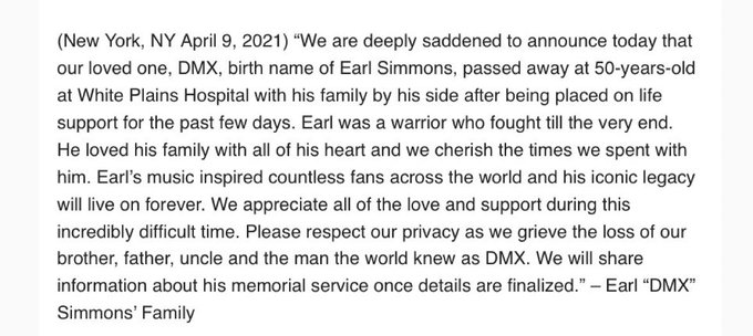 Akademiks's tweet image. Statement by DMX family. RIP, he will be truly missed.