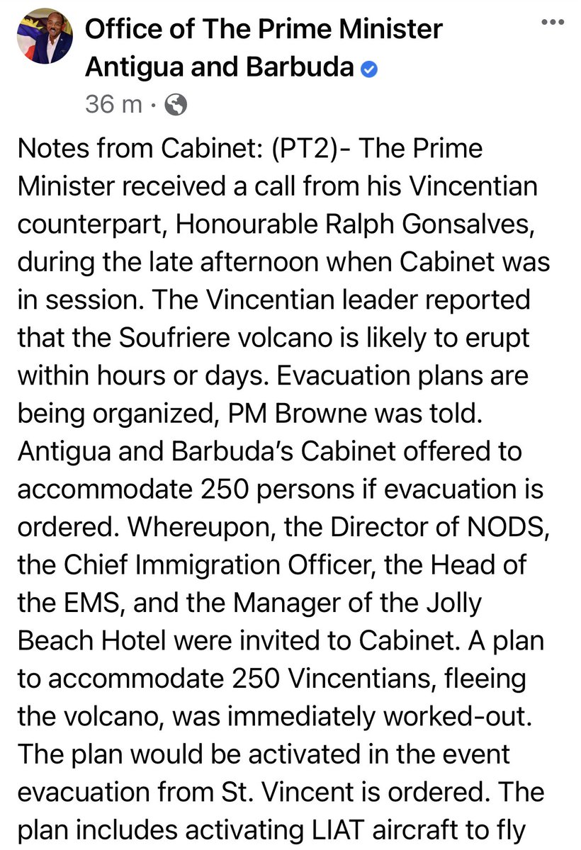 I was advised by Senator The Honourable  @AzizaLake that the Government of Antigua has committed to housing evacuees of  #LaSoufriereEruption at Jolly Beach Resort. This measure was in place before Friday morning’s eruption. Antigua-based carrier  @LIAT_1974Ltd will also assist.