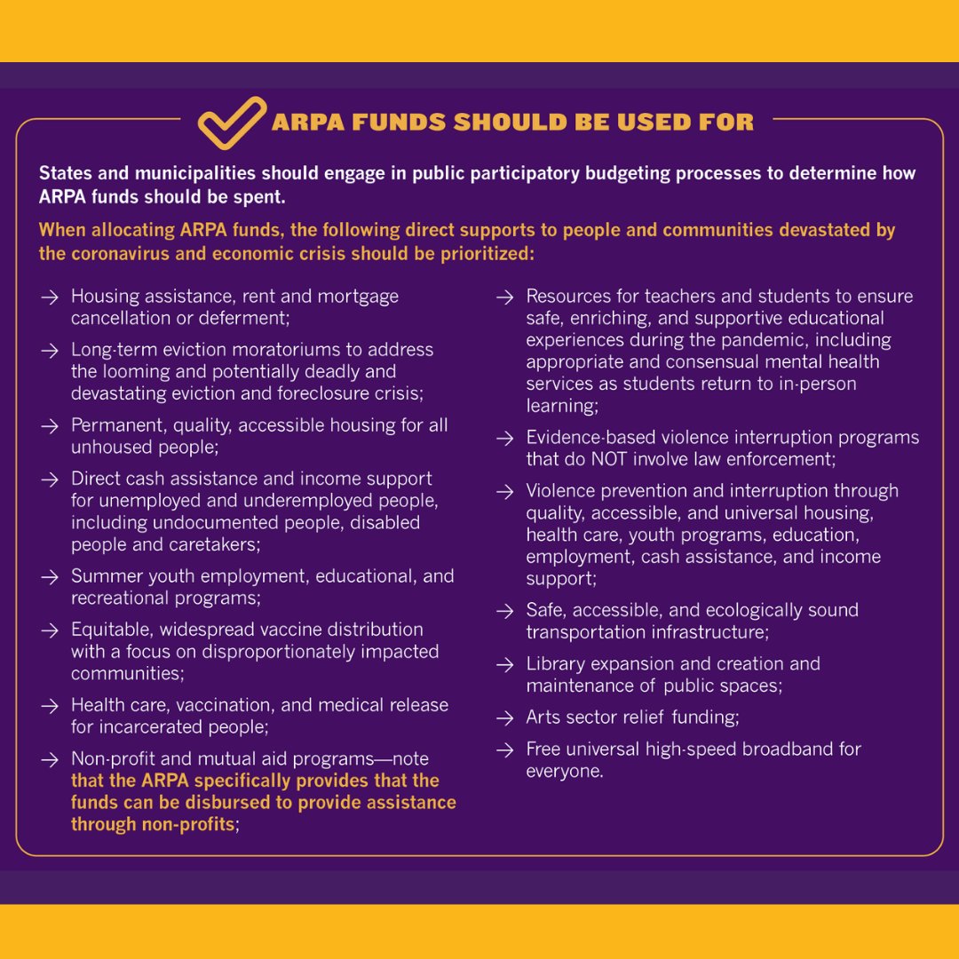 Communities are fighting for and deserve participatory processes to decide how  #AmericanRescuePlan funds should be spent including direct cash assistance to individuals  #CancelRent,  #FundExcludedWorkers & investment in community-based safety strategies, housing, healthcare, jobs.