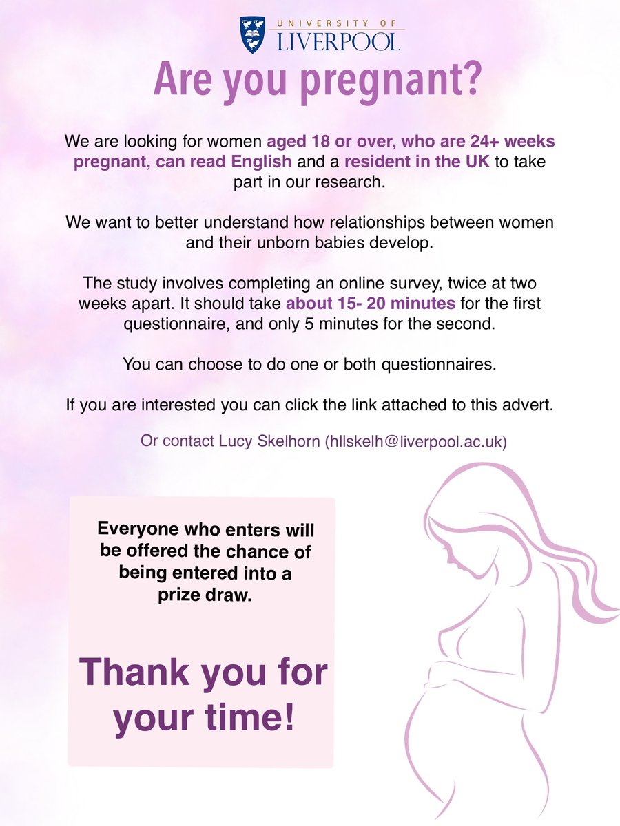 We're really keen to recruit more pregnant mums for our research looking at the emerging relationship between mums and their babies in pregnancy. Please do take part or share if you can! 
livpsych.eu.qualtrics.com/jfe/form/SV_25…

#antenatal #pregnancy #bonding #research