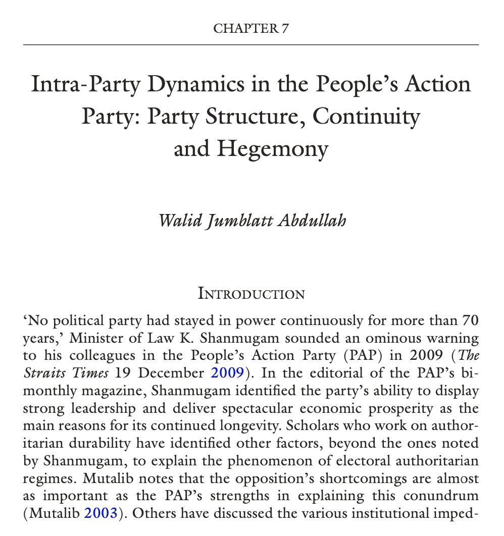 In short, clear rules designate clear successor, means peaceful transfer of power, means autocratic longevity. In SG, there are no such clear rules. What we have, however, is a strong institutionalized ruling party, which  @walidjabdullah (2019) has written extensively about.