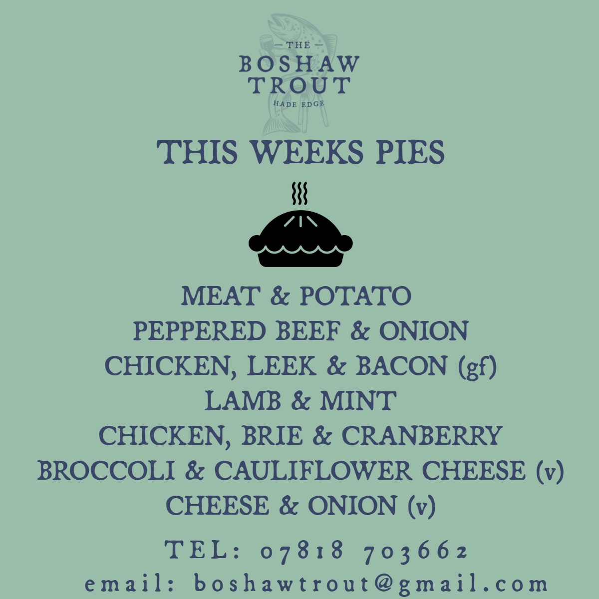 Remember, tonight (Friday night) is Pie night.. 🥧🥧🥧
These are what we have available for Collection and Take-Away.
Pre-Order now to get yours sorted...
#holmfirth #hadeedge #pienight