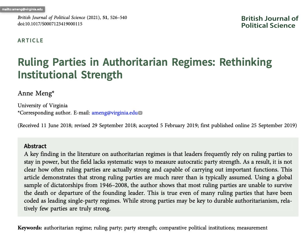 And as  @annemeng_ (2021) reminds us, strong institutionalized ruling parties can survive the death of the founding leader because they have "established rules, procedures and hierarchies that shape the distribution of power and resources among elites."