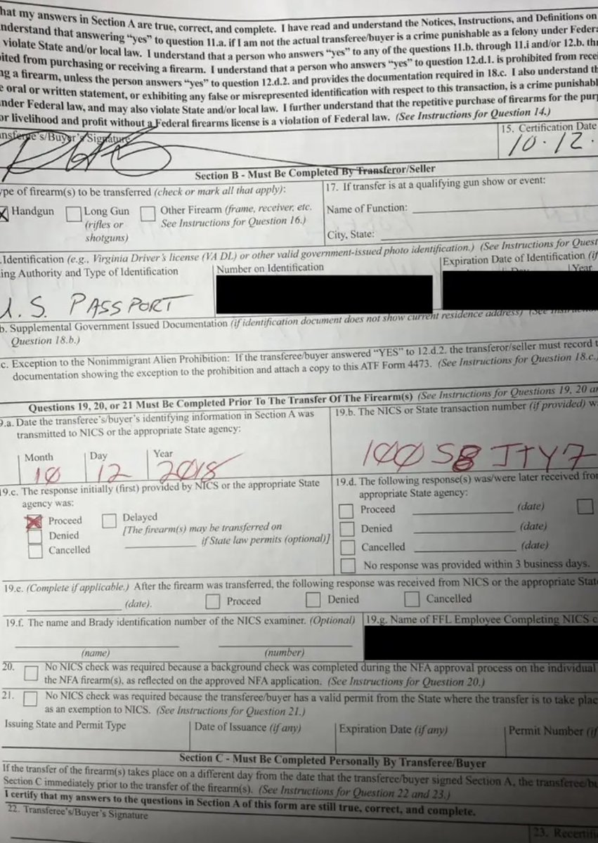 For all those that claimed Russian interference on Hunter’s hard drive, notice the signatures on the receipt for the computer, and the signature on the Firearm’s application 4473 in which he lied. Yet no accountability for the criminality on the hard drive, or false statements.