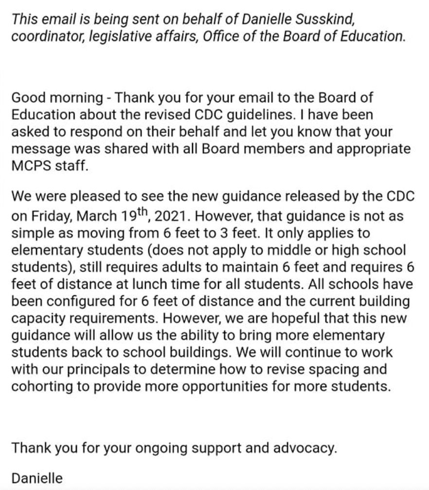 1/ This was the response from  @MCPS to a parent asking about plans to move to the CDC's new 3 ft guidance. Clearly they do not understand the guidance.  @RebeccaOnBoard  @KarlaSilvestre6  @Lynne4Students  @hansriemer  @willjawando  @MonifaRMS  @brendawolff1