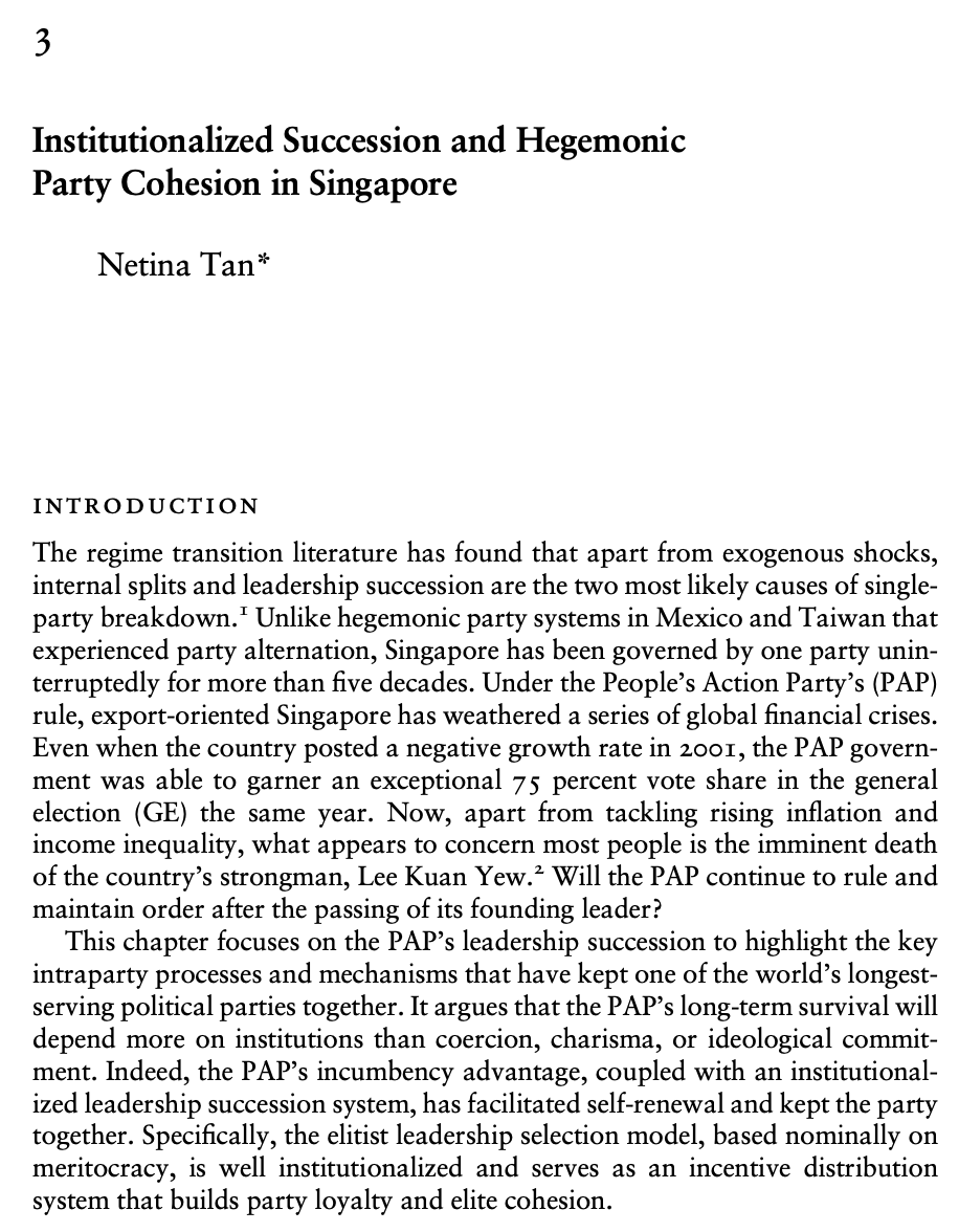 So perhaps the PAP has clear "party rules" for succession even if we don't have "constitutional rules" for such a purpose? Indeed Netina Tan (2015) tells us that the PAP has "an institutionalized succession system" which "facilitated self-renewal and kept the party together."